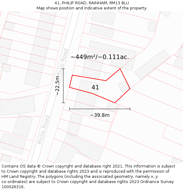 41, PHILIP ROAD, RAINHAM, RM13 8LU: Plot and title map