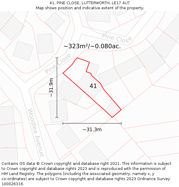 41, PINE CLOSE, LUTTERWORTH, LE17 4UT: Plot and title map