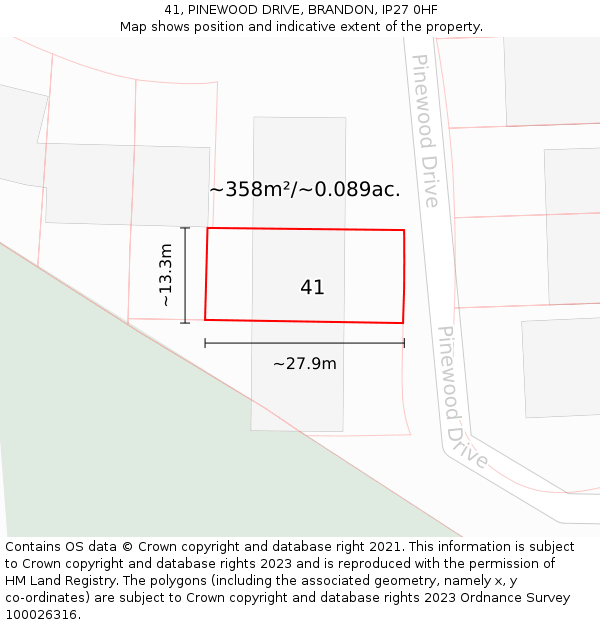 41, PINEWOOD DRIVE, BRANDON, IP27 0HF: Plot and title map