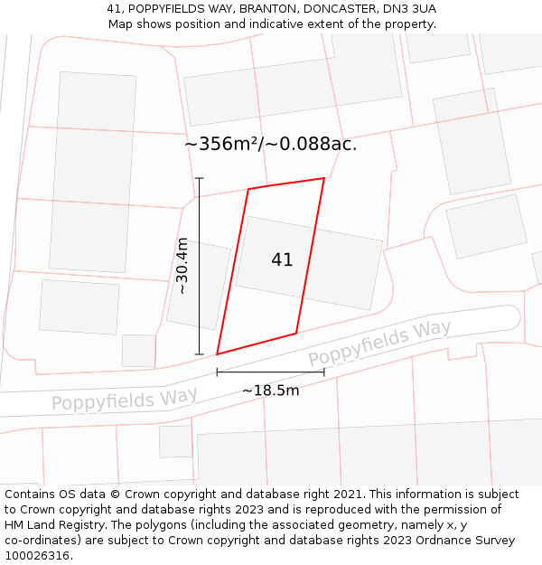 41, POPPYFIELDS WAY, BRANTON, DONCASTER, DN3 3UA: Plot and title map