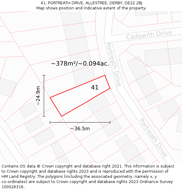 41, PORTREATH DRIVE, ALLESTREE, DERBY, DE22 2BJ: Plot and title map