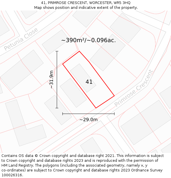 41, PRIMROSE CRESCENT, WORCESTER, WR5 3HQ: Plot and title map