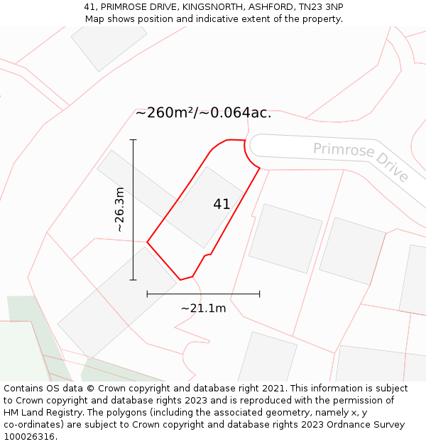 41, PRIMROSE DRIVE, KINGSNORTH, ASHFORD, TN23 3NP: Plot and title map