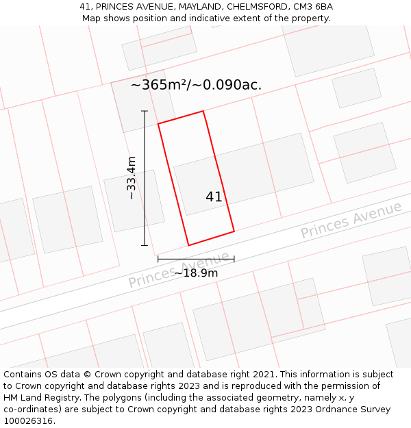 41, PRINCES AVENUE, MAYLAND, CHELMSFORD, CM3 6BA: Plot and title map