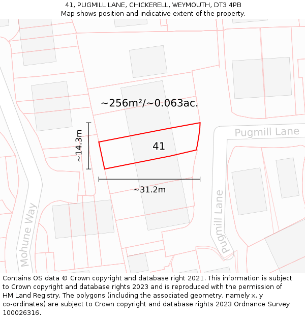 41, PUGMILL LANE, CHICKERELL, WEYMOUTH, DT3 4PB: Plot and title map