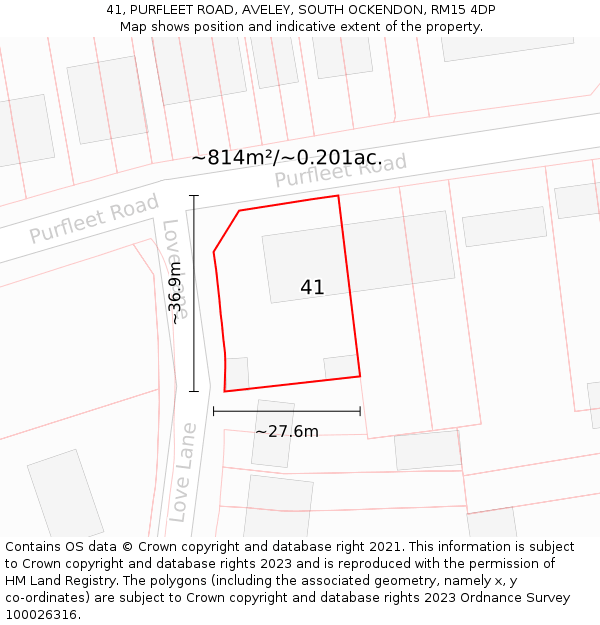 41, PURFLEET ROAD, AVELEY, SOUTH OCKENDON, RM15 4DP: Plot and title map