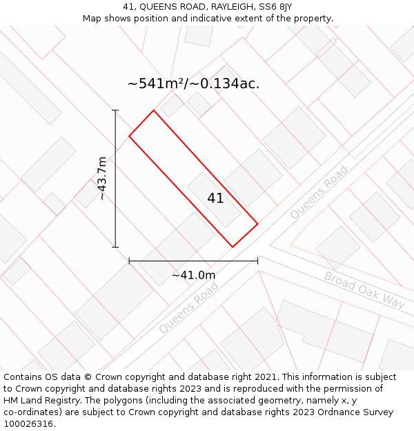41, QUEENS ROAD, RAYLEIGH, SS6 8JY: Plot and title map