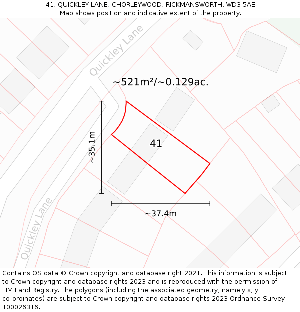 41, QUICKLEY LANE, CHORLEYWOOD, RICKMANSWORTH, WD3 5AE: Plot and title map