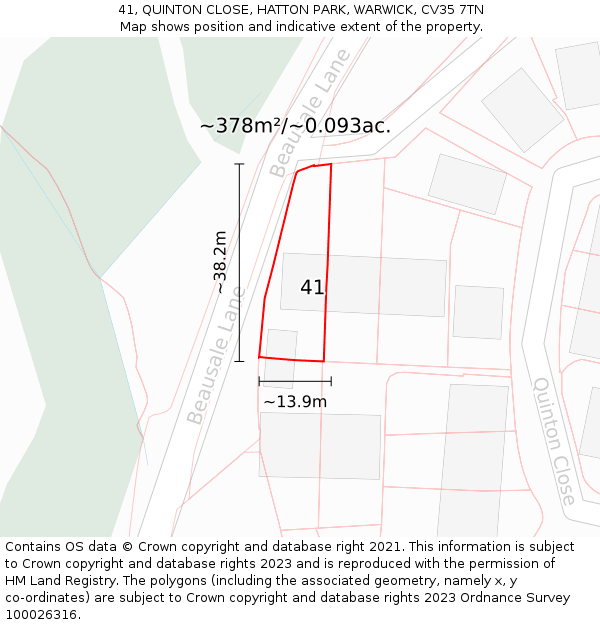 41, QUINTON CLOSE, HATTON PARK, WARWICK, CV35 7TN: Plot and title map