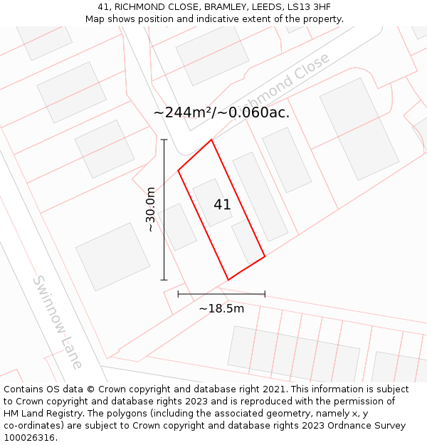41, RICHMOND CLOSE, BRAMLEY, LEEDS, LS13 3HF: Plot and title map
