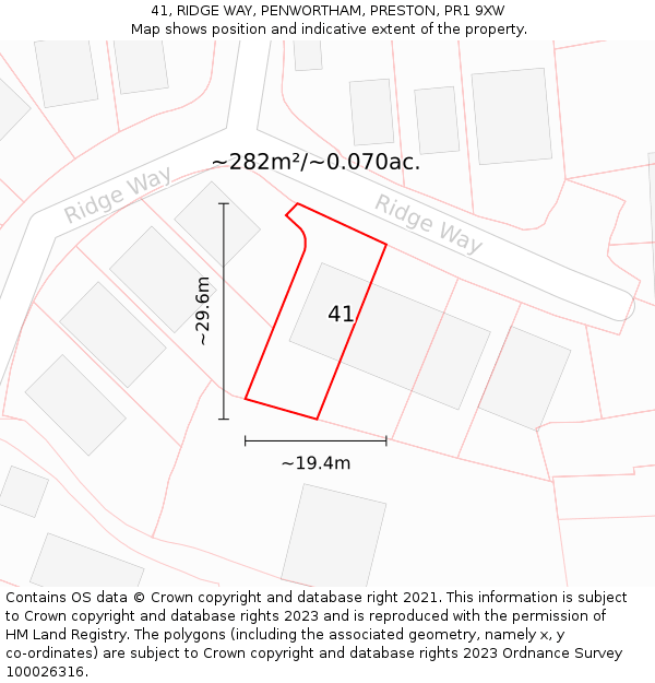 41, RIDGE WAY, PENWORTHAM, PRESTON, PR1 9XW: Plot and title map