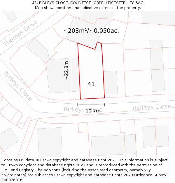 41, RIDLEYS CLOSE, COUNTESTHORPE, LEICESTER, LE8 5AG: Plot and title map