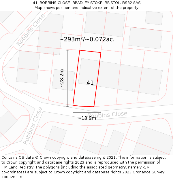 41, ROBBINS CLOSE, BRADLEY STOKE, BRISTOL, BS32 8AS: Plot and title map