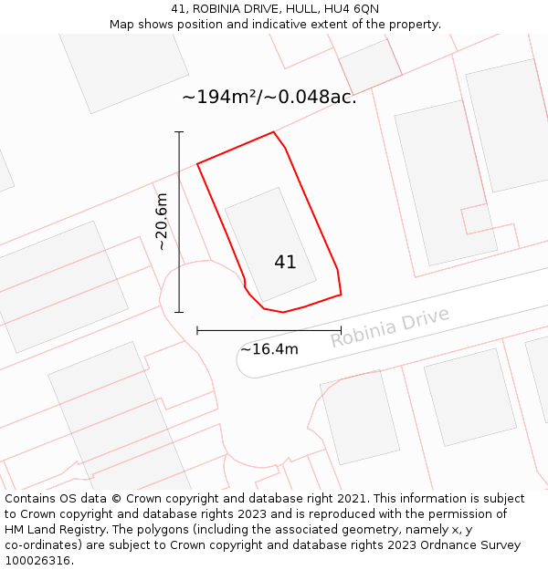 41, ROBINIA DRIVE, HULL, HU4 6QN: Plot and title map