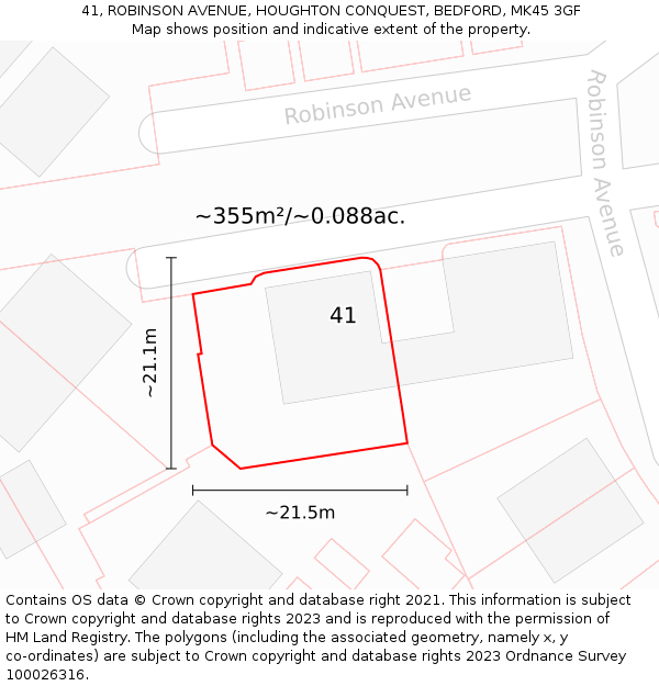 41, ROBINSON AVENUE, HOUGHTON CONQUEST, BEDFORD, MK45 3GF: Plot and title map