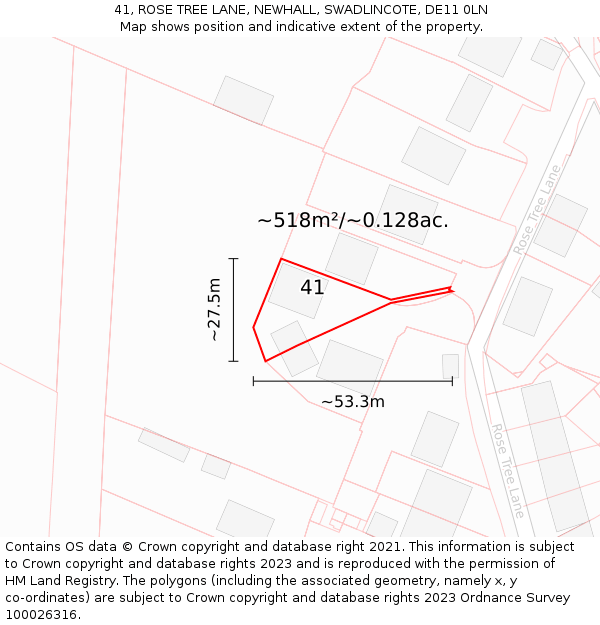 41, ROSE TREE LANE, NEWHALL, SWADLINCOTE, DE11 0LN: Plot and title map