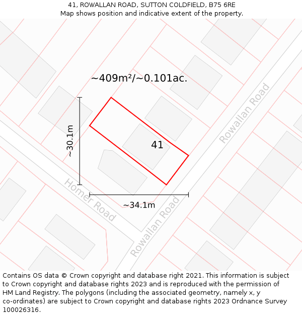 41, ROWALLAN ROAD, SUTTON COLDFIELD, B75 6RE: Plot and title map