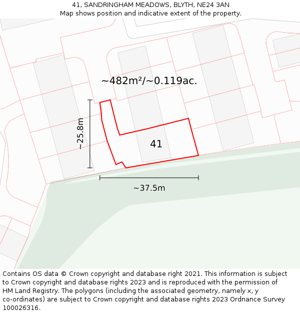 41, SANDRINGHAM MEADOWS, BLYTH, NE24 3AN: Plot and title map