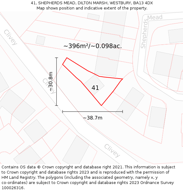 41, SHEPHERDS MEAD, DILTON MARSH, WESTBURY, BA13 4DX: Plot and title map