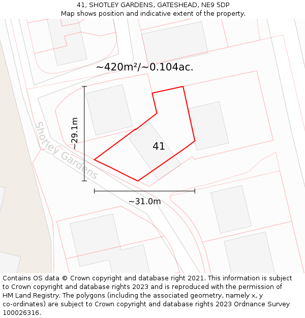 41, SHOTLEY GARDENS, GATESHEAD, NE9 5DP: Plot and title map