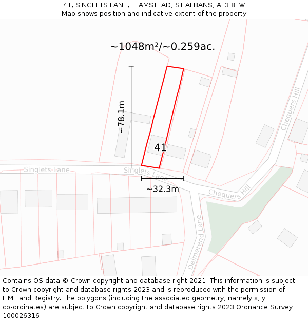 41, SINGLETS LANE, FLAMSTEAD, ST ALBANS, AL3 8EW: Plot and title map