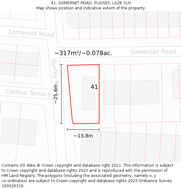 41, SOMERSET ROAD, PUDSEY, LS28 7LN: Plot and title map