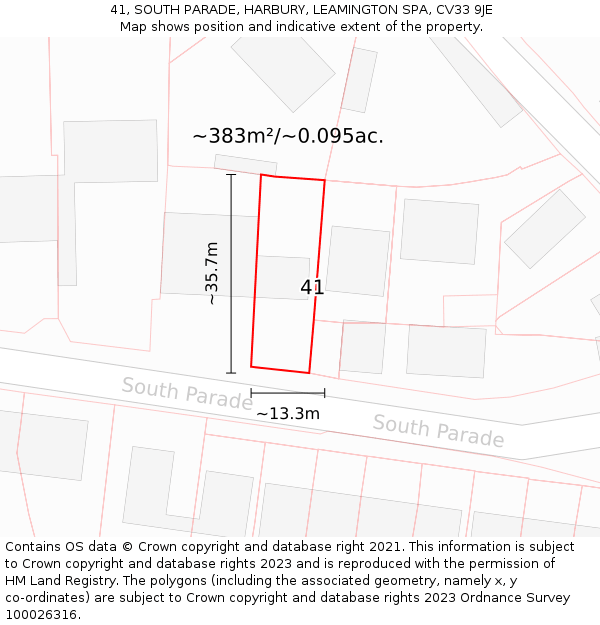 41, SOUTH PARADE, HARBURY, LEAMINGTON SPA, CV33 9JE: Plot and title map