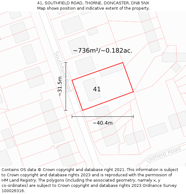 41, SOUTHFIELD ROAD, THORNE, DONCASTER, DN8 5NX: Plot and title map