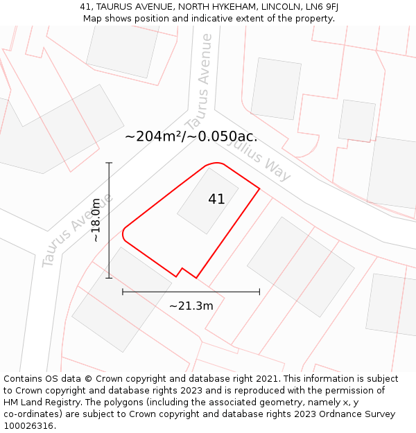 41, TAURUS AVENUE, NORTH HYKEHAM, LINCOLN, LN6 9FJ: Plot and title map