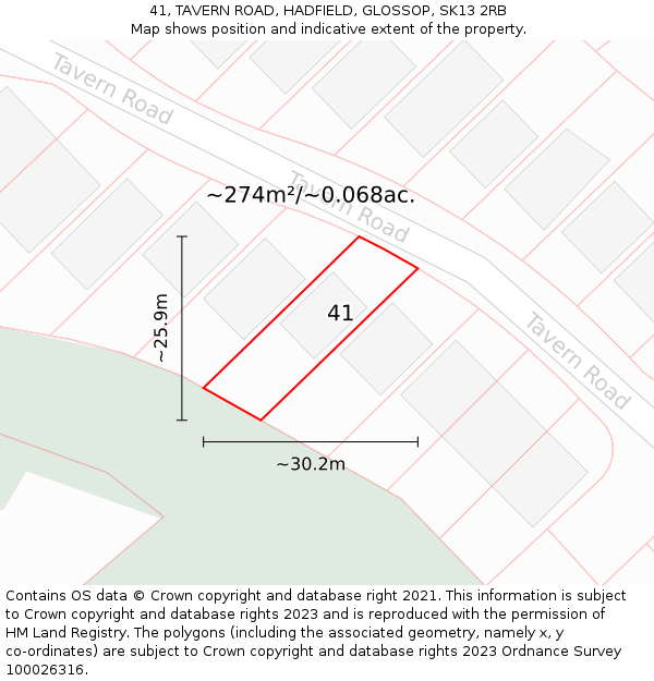 41, TAVERN ROAD, HADFIELD, GLOSSOP, SK13 2RB: Plot and title map
