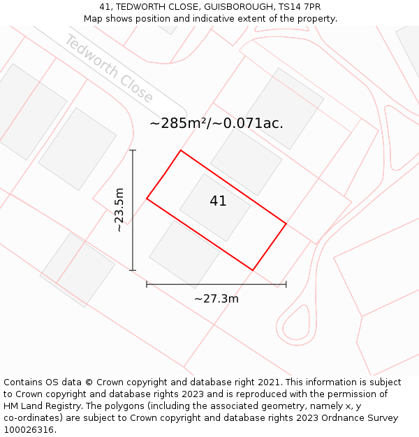 41, TEDWORTH CLOSE, GUISBOROUGH, TS14 7PR: Plot and title map