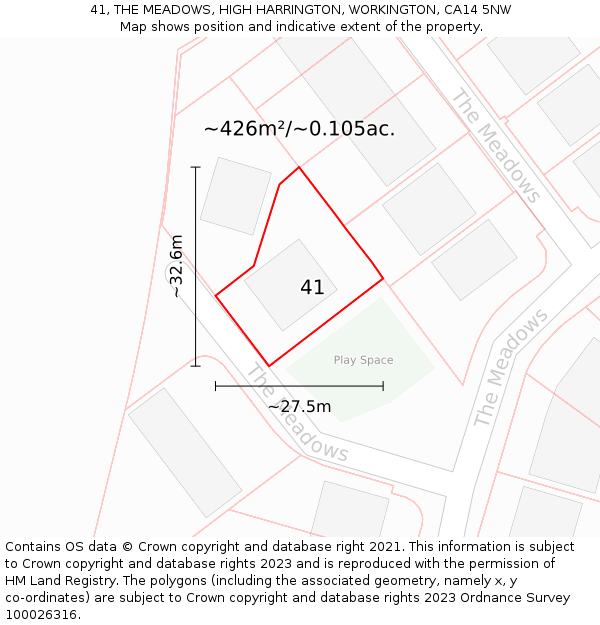 41, THE MEADOWS, HIGH HARRINGTON, WORKINGTON, CA14 5NW: Plot and title map