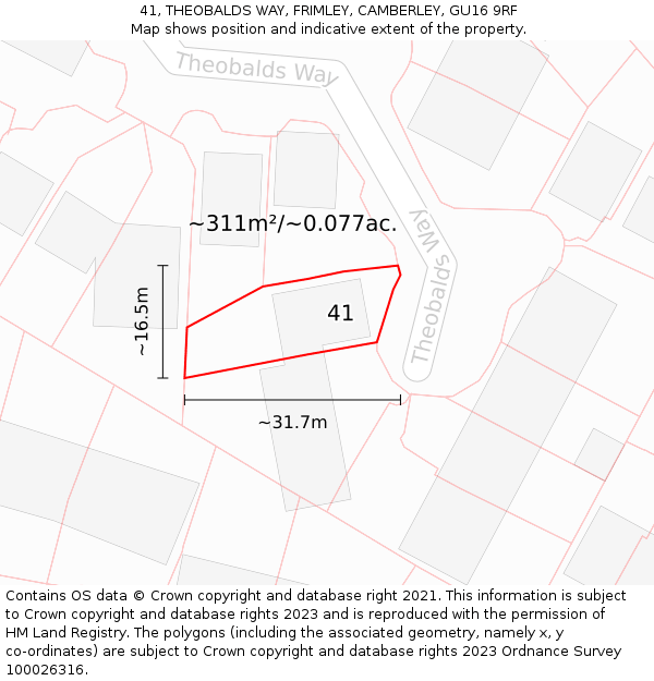 41, THEOBALDS WAY, FRIMLEY, CAMBERLEY, GU16 9RF: Plot and title map