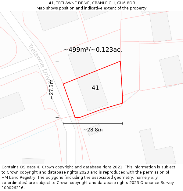 41, TRELAWNE DRIVE, CRANLEIGH, GU6 8DB: Plot and title map