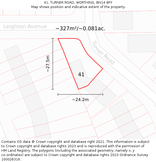 41, TURNER ROAD, WORTHING, BN14 8PY: Plot and title map