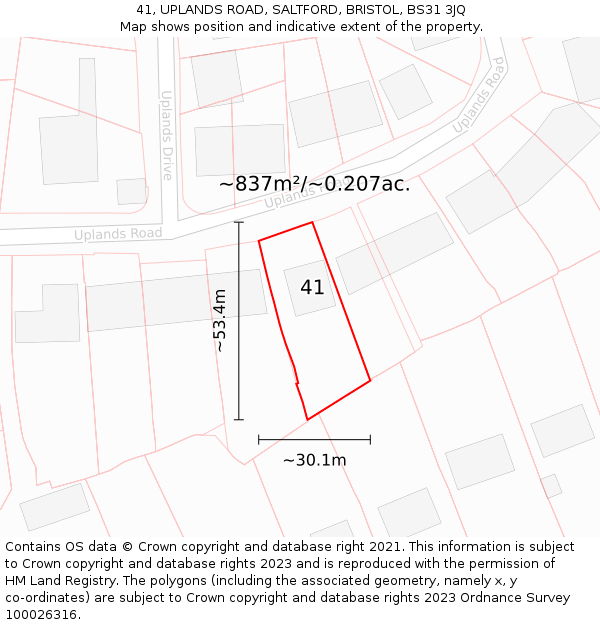 41, UPLANDS ROAD, SALTFORD, BRISTOL, BS31 3JQ: Plot and title map