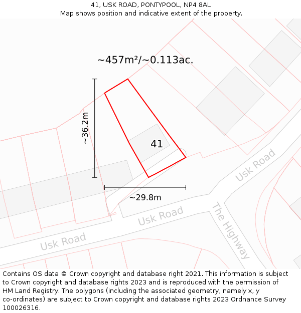 41, USK ROAD, PONTYPOOL, NP4 8AL: Plot and title map