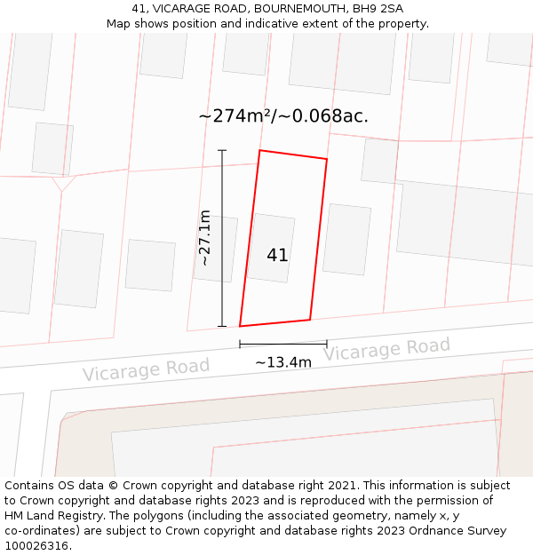 41, VICARAGE ROAD, BOURNEMOUTH, BH9 2SA: Plot and title map