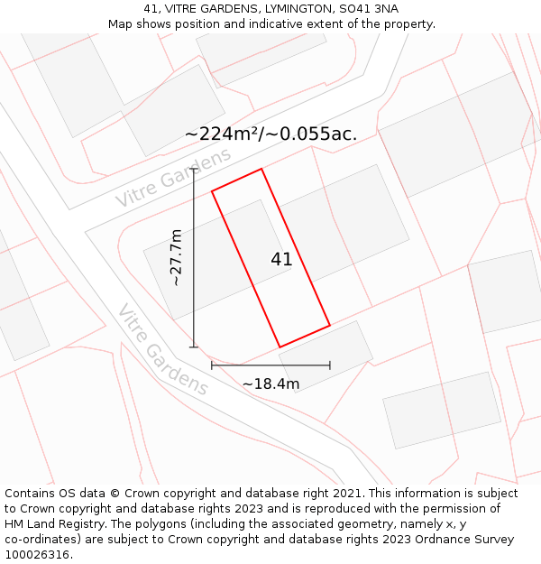 41, VITRE GARDENS, LYMINGTON, SO41 3NA: Plot and title map