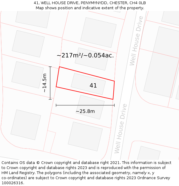 41, WELL HOUSE DRIVE, PENYMYNYDD, CHESTER, CH4 0LB: Plot and title map