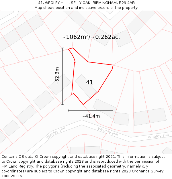 41, WEOLEY HILL, SELLY OAK, BIRMINGHAM, B29 4AB: Plot and title map