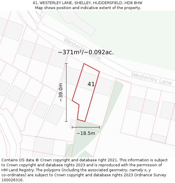 41, WESTERLEY LANE, SHELLEY, HUDDERSFIELD, HD8 8HW: Plot and title map