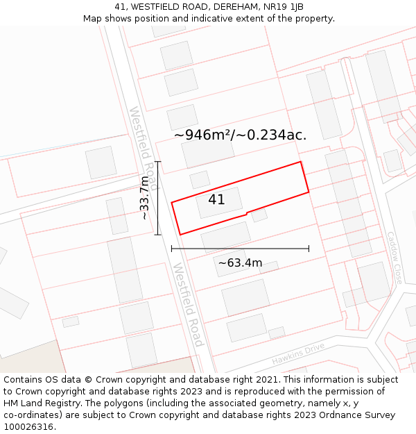 41, WESTFIELD ROAD, DEREHAM, NR19 1JB: Plot and title map