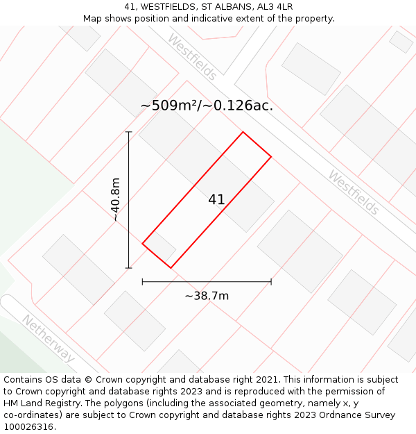 41, WESTFIELDS, ST ALBANS, AL3 4LR: Plot and title map