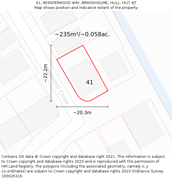 41, WHISPERWOOD WAY, BRANSHOLME, HULL, HU7 4JT: Plot and title map