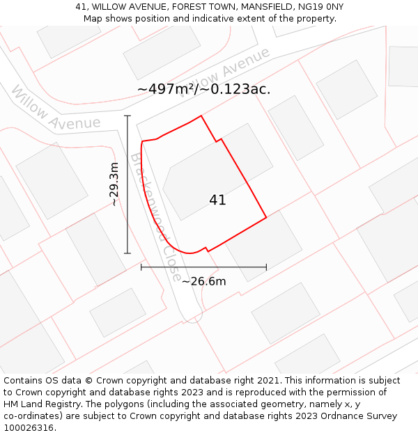 41, WILLOW AVENUE, FOREST TOWN, MANSFIELD, NG19 0NY: Plot and title map