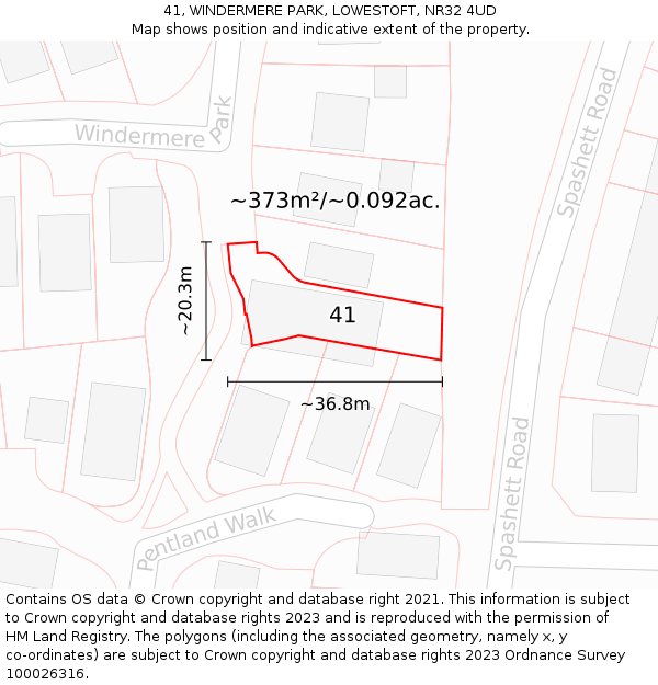 41, WINDERMERE PARK, LOWESTOFT, NR32 4UD: Plot and title map