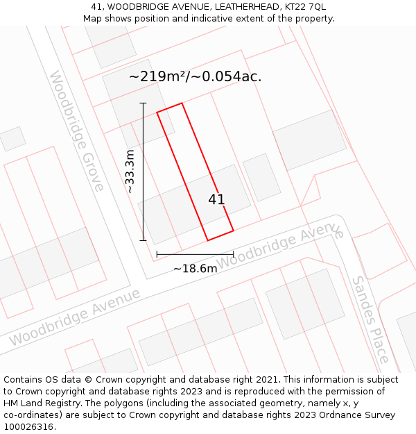 41, WOODBRIDGE AVENUE, LEATHERHEAD, KT22 7QL: Plot and title map