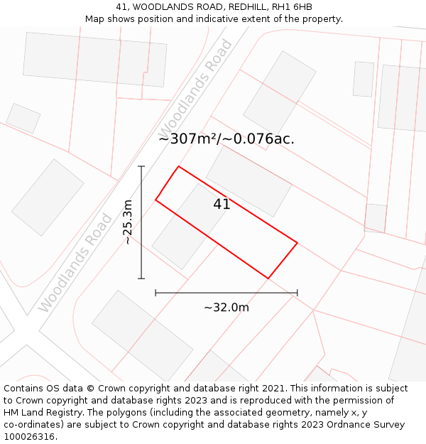 41, WOODLANDS ROAD, REDHILL, RH1 6HB: Plot and title map