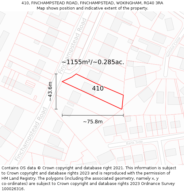 410, FINCHAMPSTEAD ROAD, FINCHAMPSTEAD, WOKINGHAM, RG40 3RA: Plot and title map